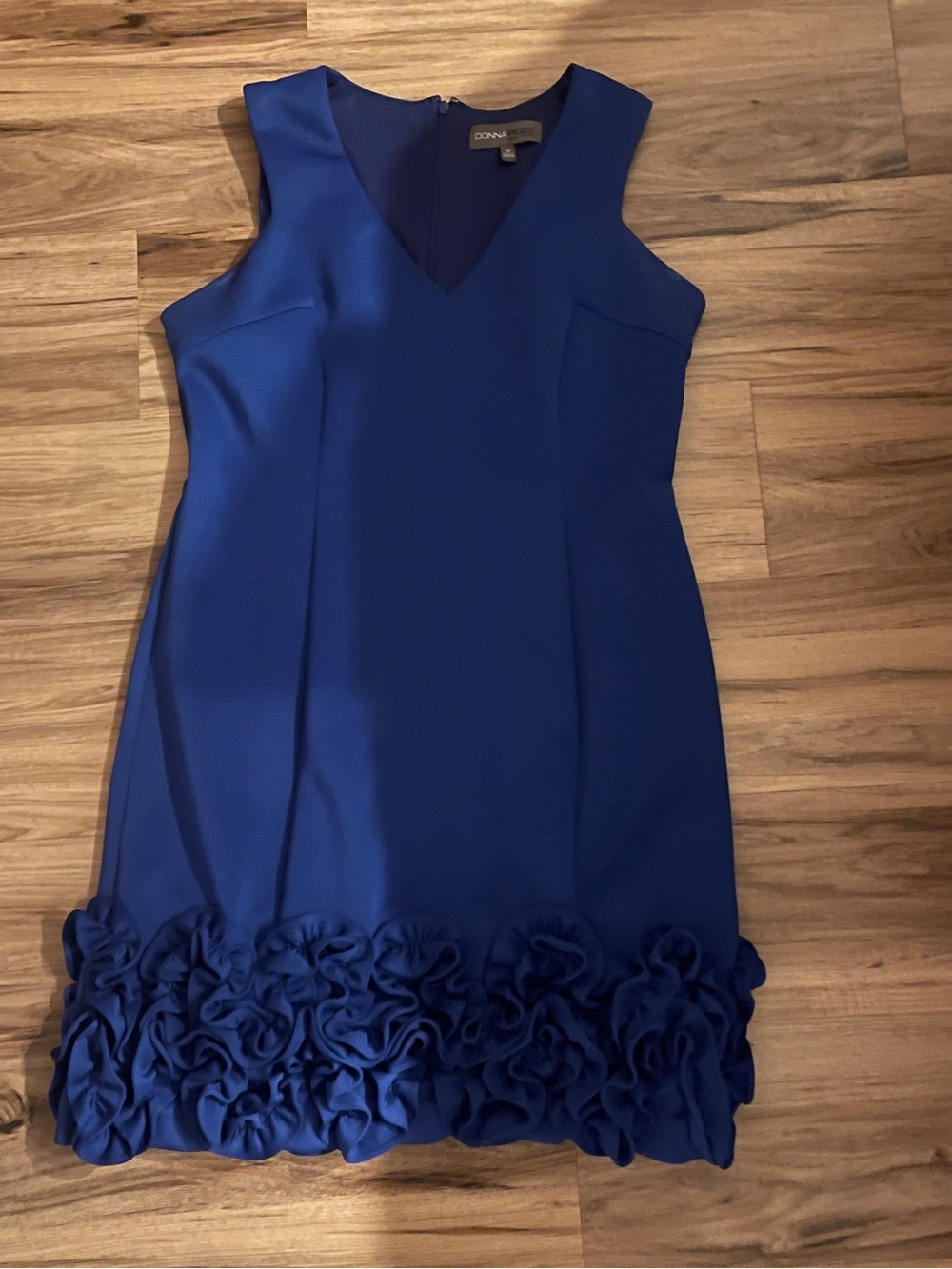 Donna Ricco Cobalt Blue V-Neck Sleeveless Dress with Rosette Hem